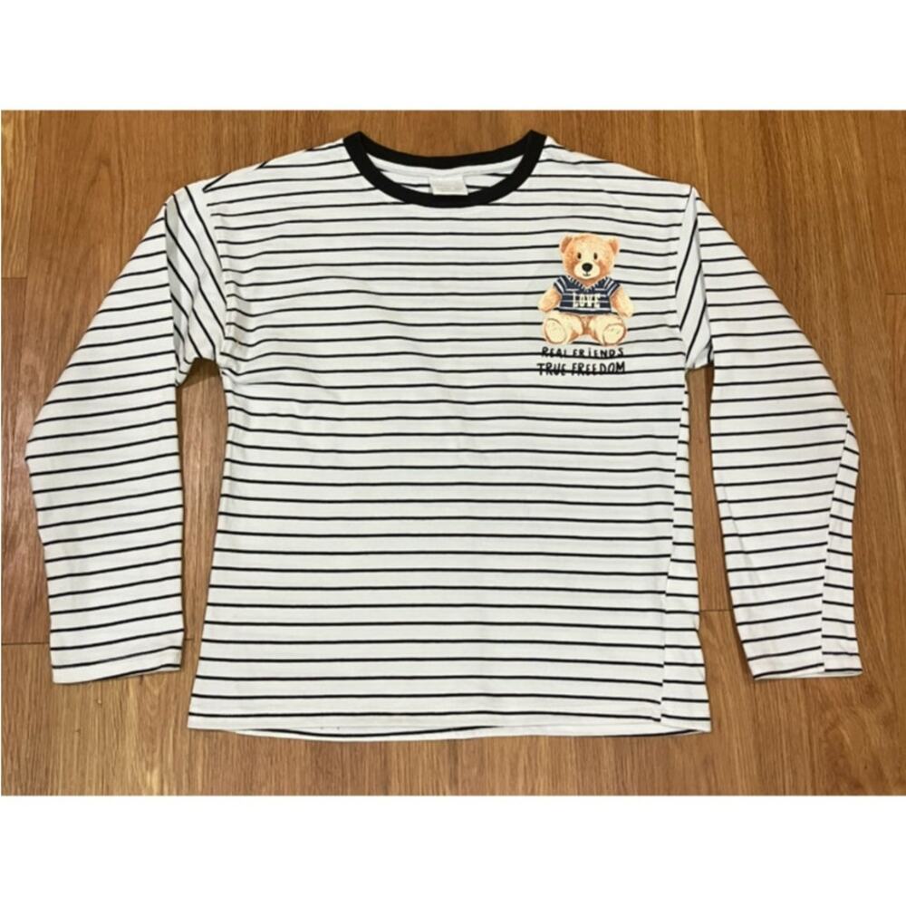 Zara Girls Striped Graphic Print Bear Shirt 11-12 Years 148 cm